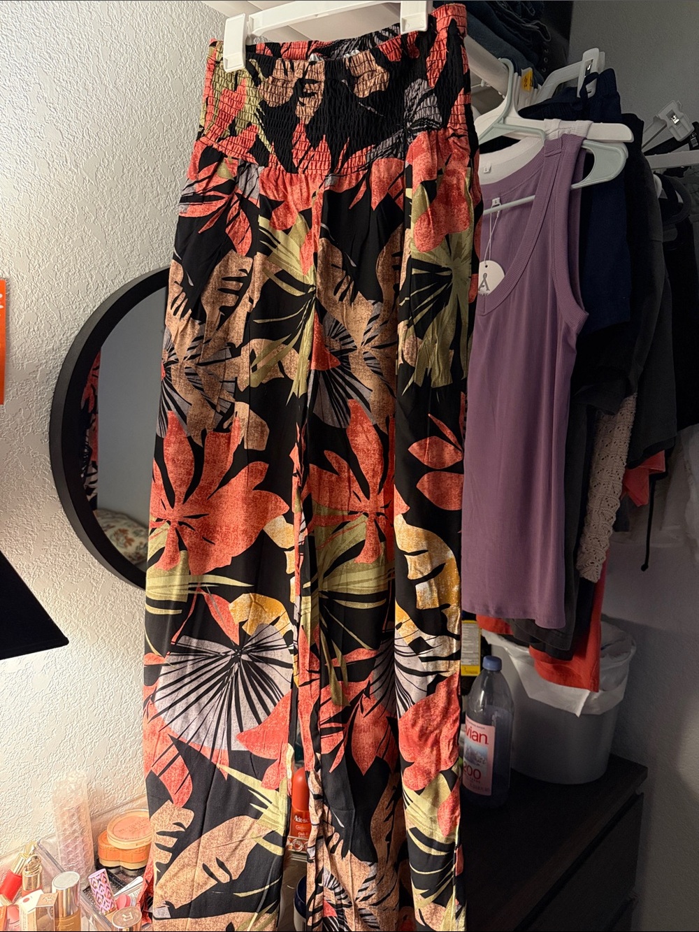 Floral Wide-Leg Women's Pants - Black with Coral & Olive Print